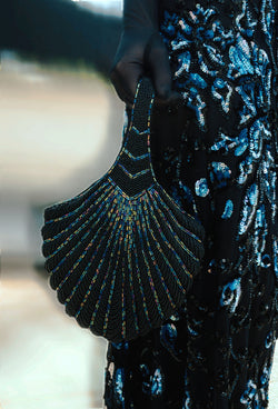 1920's Hand Beaded Deco Fan Wristlet Evening Tote - Large - Black Iridescent