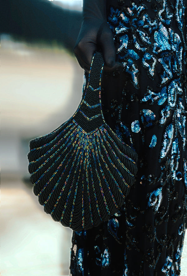 1920's Hand Beaded Deco Fan Wristlet Evening Tote - Large - Black Iridescent