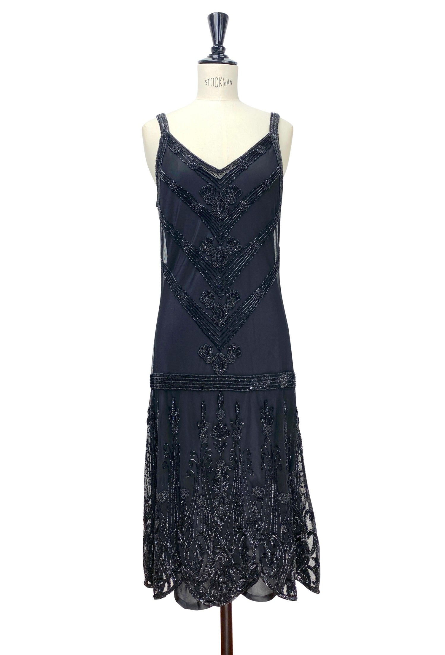 Sleeveless beaded slip dress with V-neck, art-deco pattern and scalloped fringe hem
