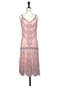 1920's Luxury Vintage Gatsby Beaded Slip Dress - The Fontaine - Deco Pink