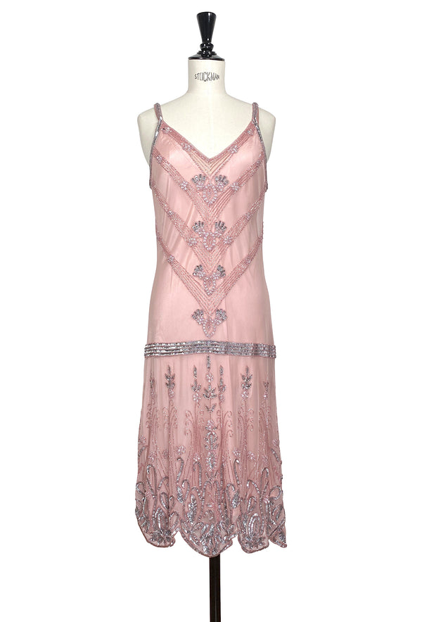 1920's Luxury Vintage Gatsby Beaded Slip Dress - The Fontaine - Deco Pink