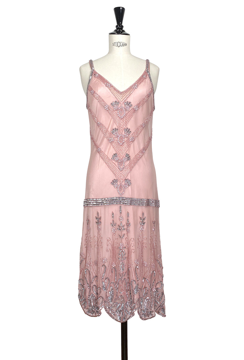 1920's Luxury Vintage Gatsby Beaded Slip Dress - The Fontaine - Deco Pink
