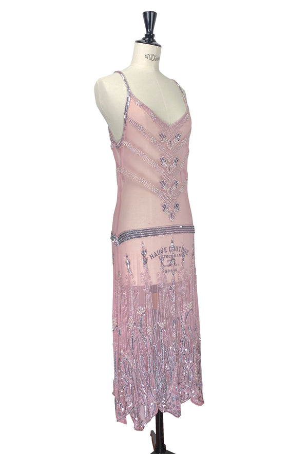 1920's Luxury Vintage Gatsby Beaded Slip Dress - The Fontaine - Deco Pink