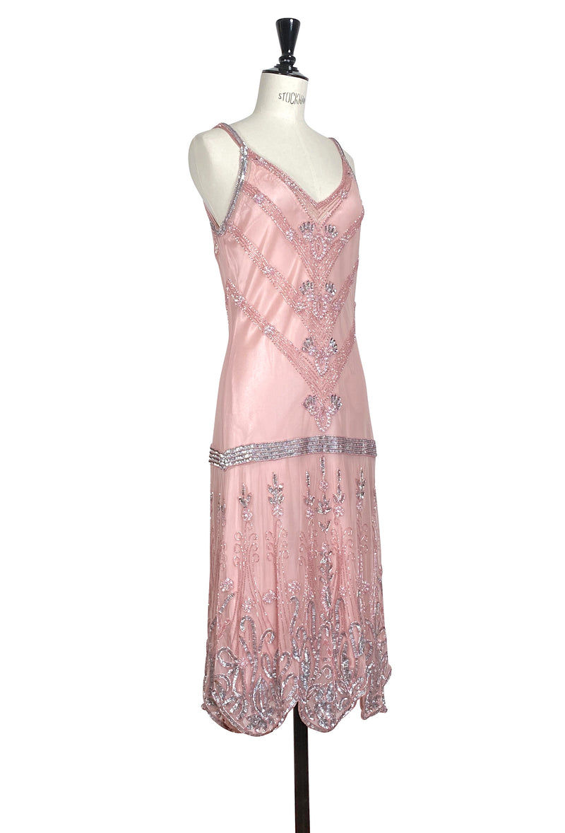 1920's Luxury Vintage Gatsby Beaded Slip Dress - The Fontaine - Deco Pink