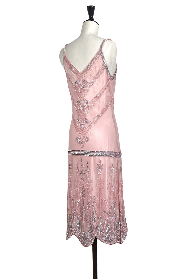 1920's Luxury Vintage Gatsby Beaded Slip Dress - The Fontaine - Deco Pink