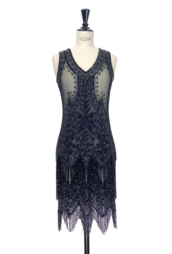 1920's Vintage Flapper Beaded Fringe Gatsby Gown - The Icon - Black Iridescent The Deco Haus.