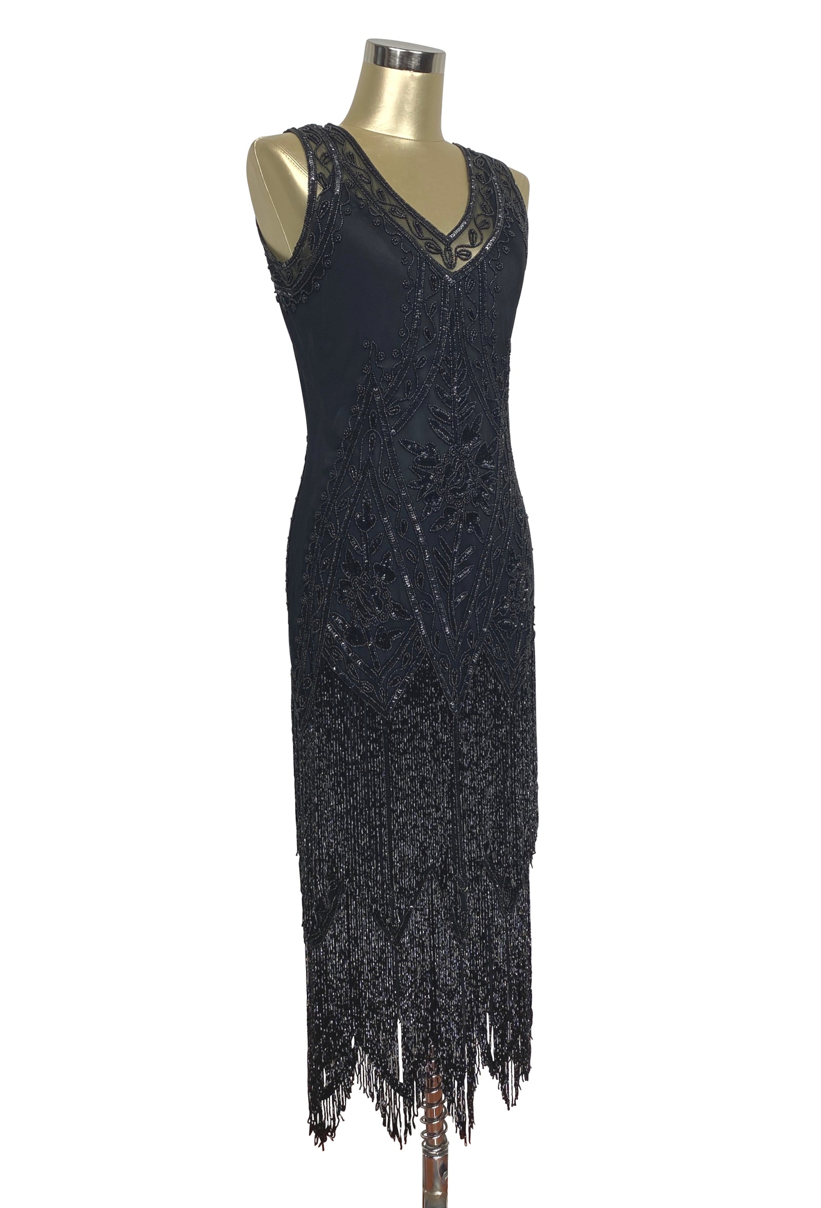 1920's Vintage Flapper Beaded Fringe Gatsby Gown - The Icon - Black Jet