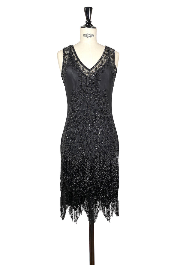 1920's Vintage Flapper Beaded Fringe Gatsby Gown - The Icon - Black Jet