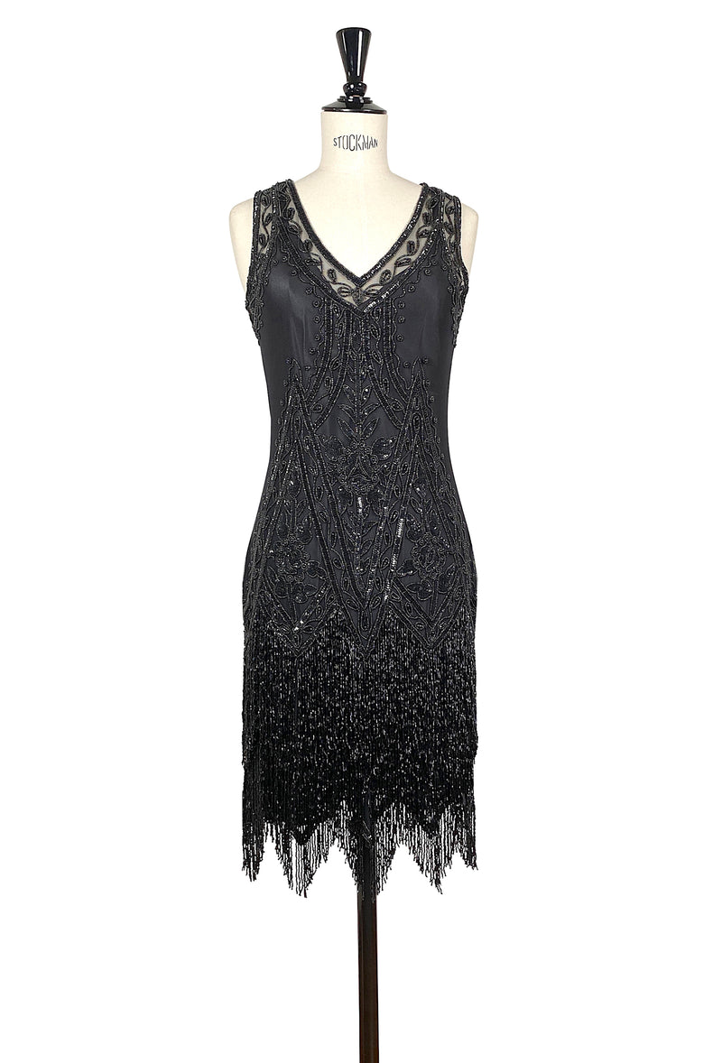 1920's Vintage Flapper Beaded Fringe Gatsby Gown - The Icon - Black Jet