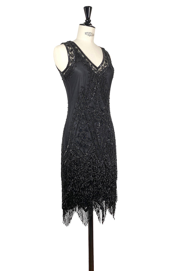 1920's Vintage Flapper Beaded Fringe Gatsby Gown - The Icon - Black Jet