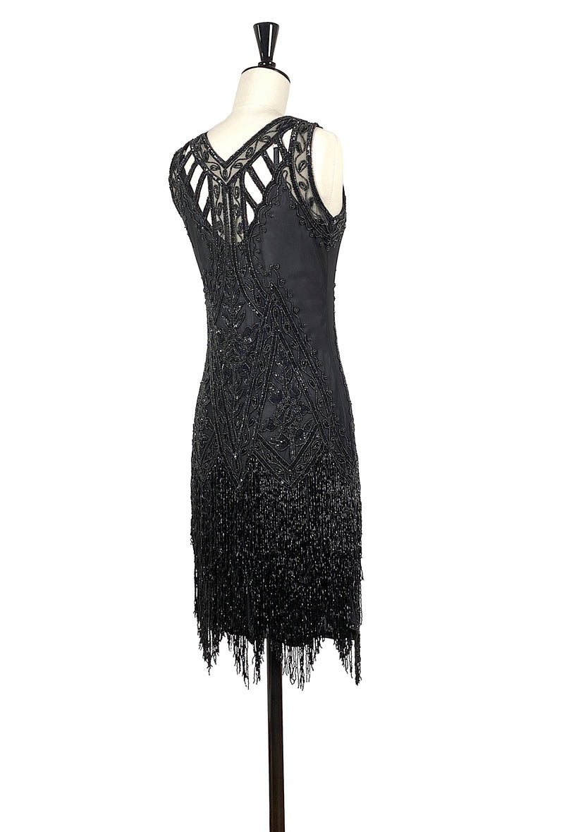 1920's Vintage Flapper Beaded Fringe Gatsby Gown - The Icon - Black Jet