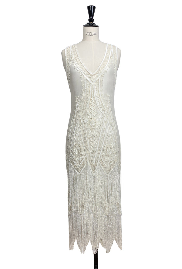 1920's Vintage Flapper Beaded Fringe Gatsby Gown - The Icon - Bone - Full-Length