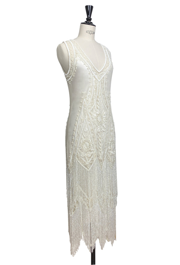 1920's Vintage Flapper Beaded Fringe Gatsby Gown - The Icon - Bone - Full-Length