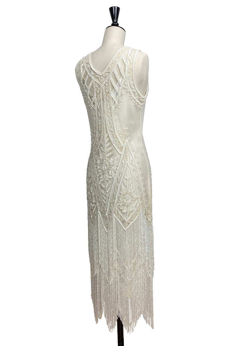 1920's Vintage Flapper Beaded Fringe Gatsby Gown - The Icon - Bone - Full-Length