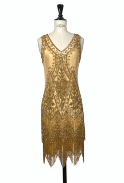 1920's Vintage Flapper Beaded Fringe Gatsby Gown - The Icon - Gold Glitz