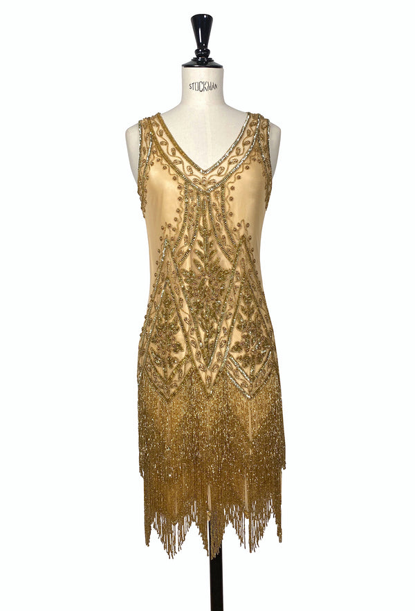 1920's Vintage Flapper Beaded Fringe Gatsby Gown - The Icon - Gold Glitz