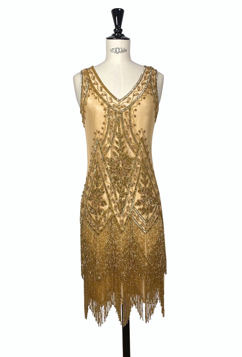1920's Vintage Flapper Beaded Fringe Gatsby Gown - The Icon - Gold Glitz