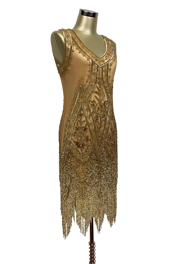 1920's Vintage Flapper Beaded Fringe Gatsby Gown - The Icon - Gold Glitz