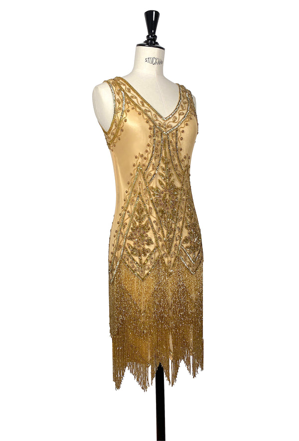 1920's Vintage Flapper Beaded Fringe Gatsby Gown - The Icon - Gold Glitz