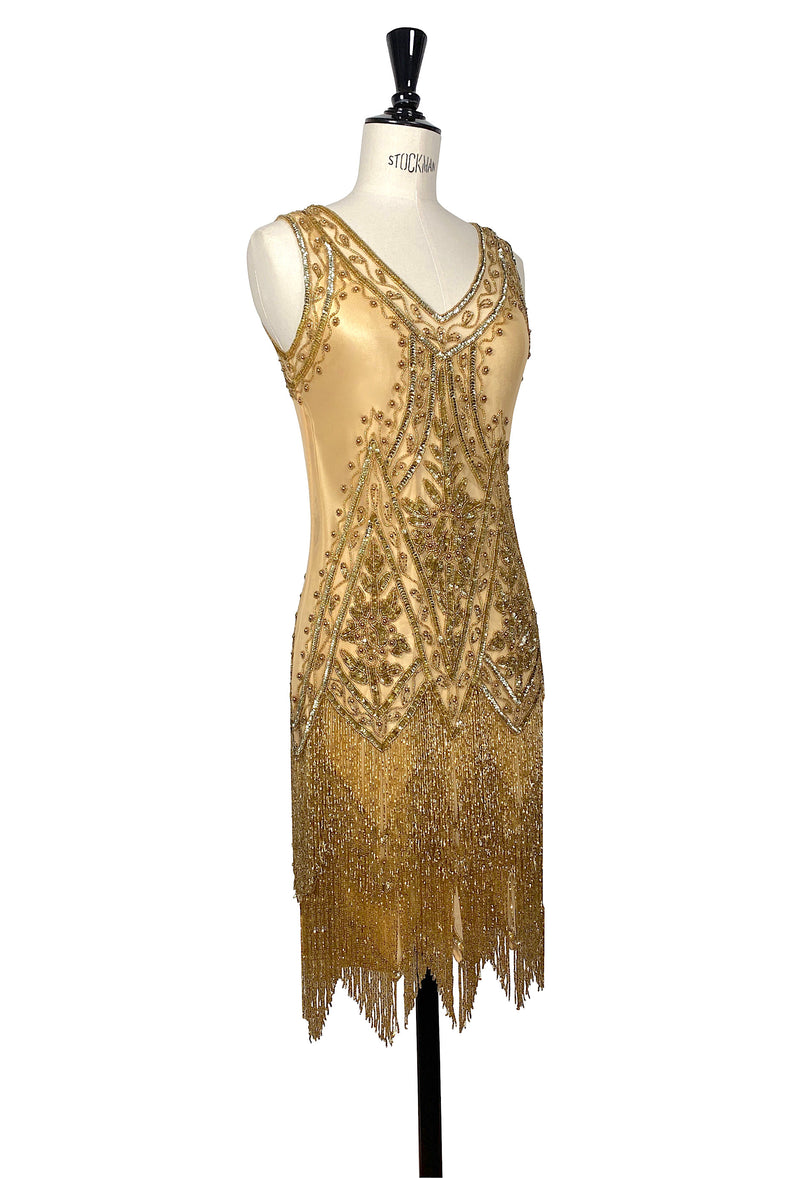 1920's Vintage Flapper Beaded Fringe Gatsby Gown - The Icon - Gold Glitz