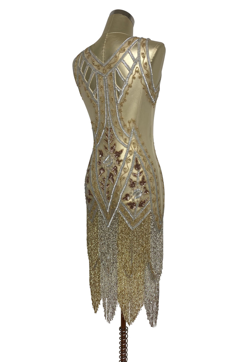 1920's Vintage Flapper Beaded Fringe Cutout Gatsby Gown - The Icon - Two-Tone Metallic