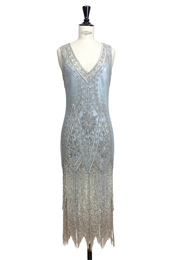 1920's Vintage Flapper Beaded Fringe Gatsby Gown - The Icon - Silver - Full-Length