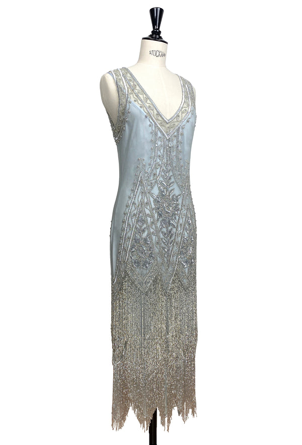 1920's Vintage Flapper Beaded Fringe Gatsby Gown - The Icon - Silver - Full-Length