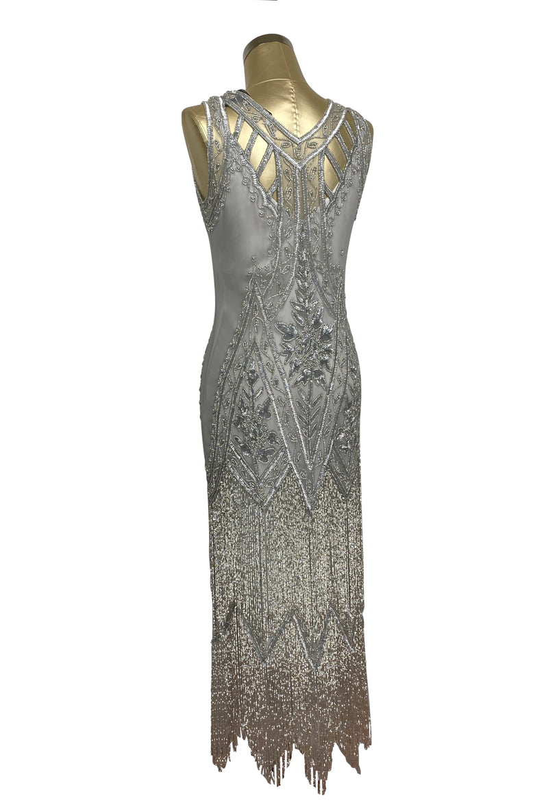 1920's Vintage Flapper Beaded Fringe Gatsby Gown - The Icon - Silver - Full-Length