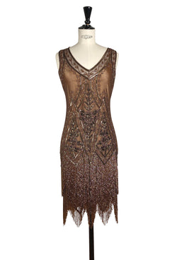 1920's Vintage Flapper Beaded Fringe Gatsby Party Gown - Cut Out Back - The Icon - Cocoa Shimmer