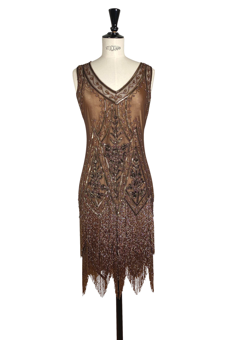 1920's Vintage Flapper Beaded Fringe Gatsby Party Gown - Cut Out Back - The Icon - Cocoa Shimmer
