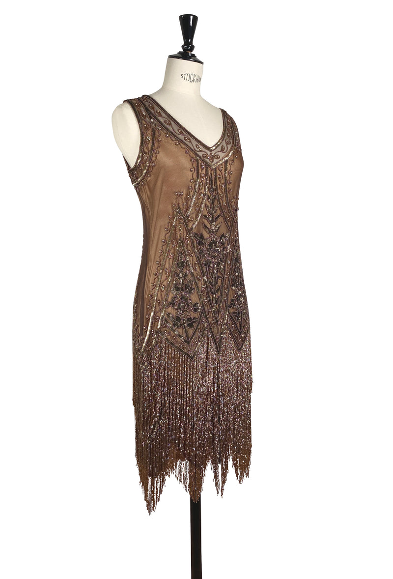 1920's Vintage Flapper Beaded Fringe Gatsby Party Gown - Cut Out Back - The Icon - Cocoa Shimmer
