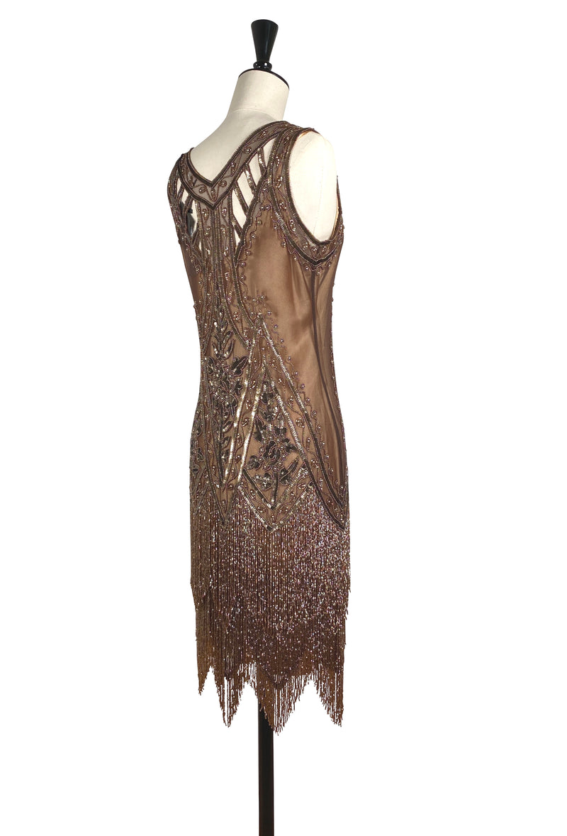 1920's Vintage Flapper Beaded Fringe Gatsby Party Gown - Cut Out Back - The Icon - Cocoa Shimmer