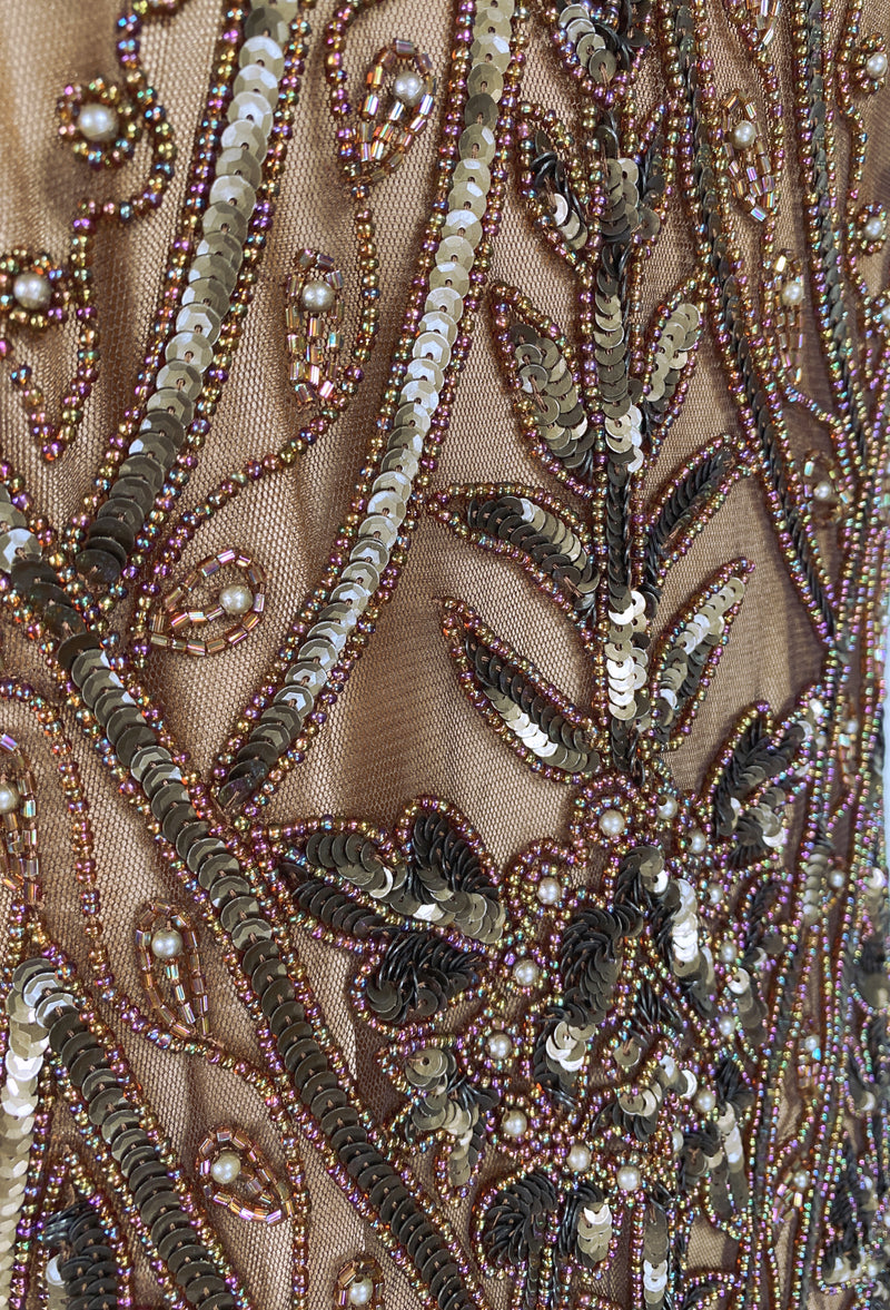 1920's Vintage Flapper Beaded Fringe Gatsby Party Gown - Cut Out Back - The Icon - Cocoa Shimmer