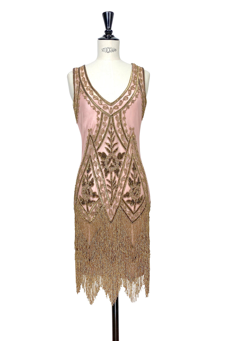1920's Vintage Flapper Beaded Fringe Gatsby Party Gown - Cut Out Back - The Icon - Rose Bronze