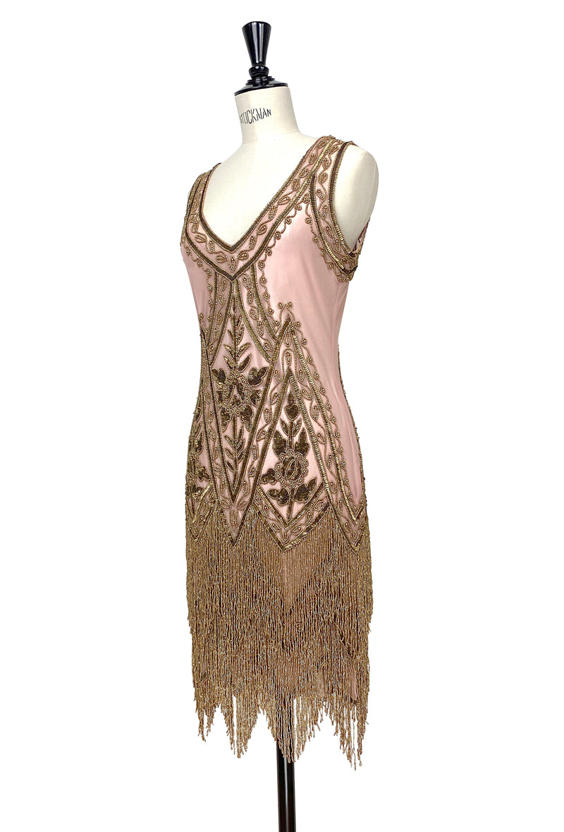 1920's Vintage Flapper Beaded Fringe Gatsby Party Gown - Cut Out Back - The Icon - Rose Bronze