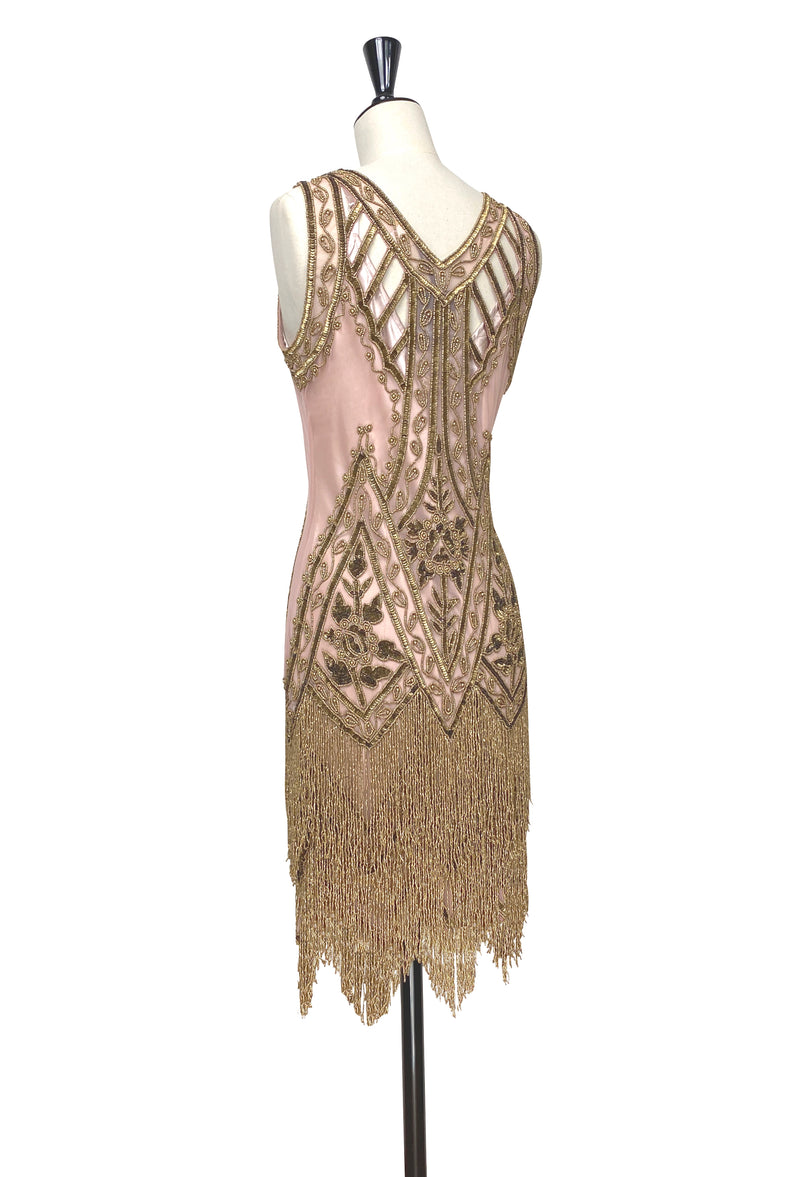 1920's Vintage Flapper Beaded Fringe Gatsby Party Gown - Cut Out Back - The Icon - Rose Bronze