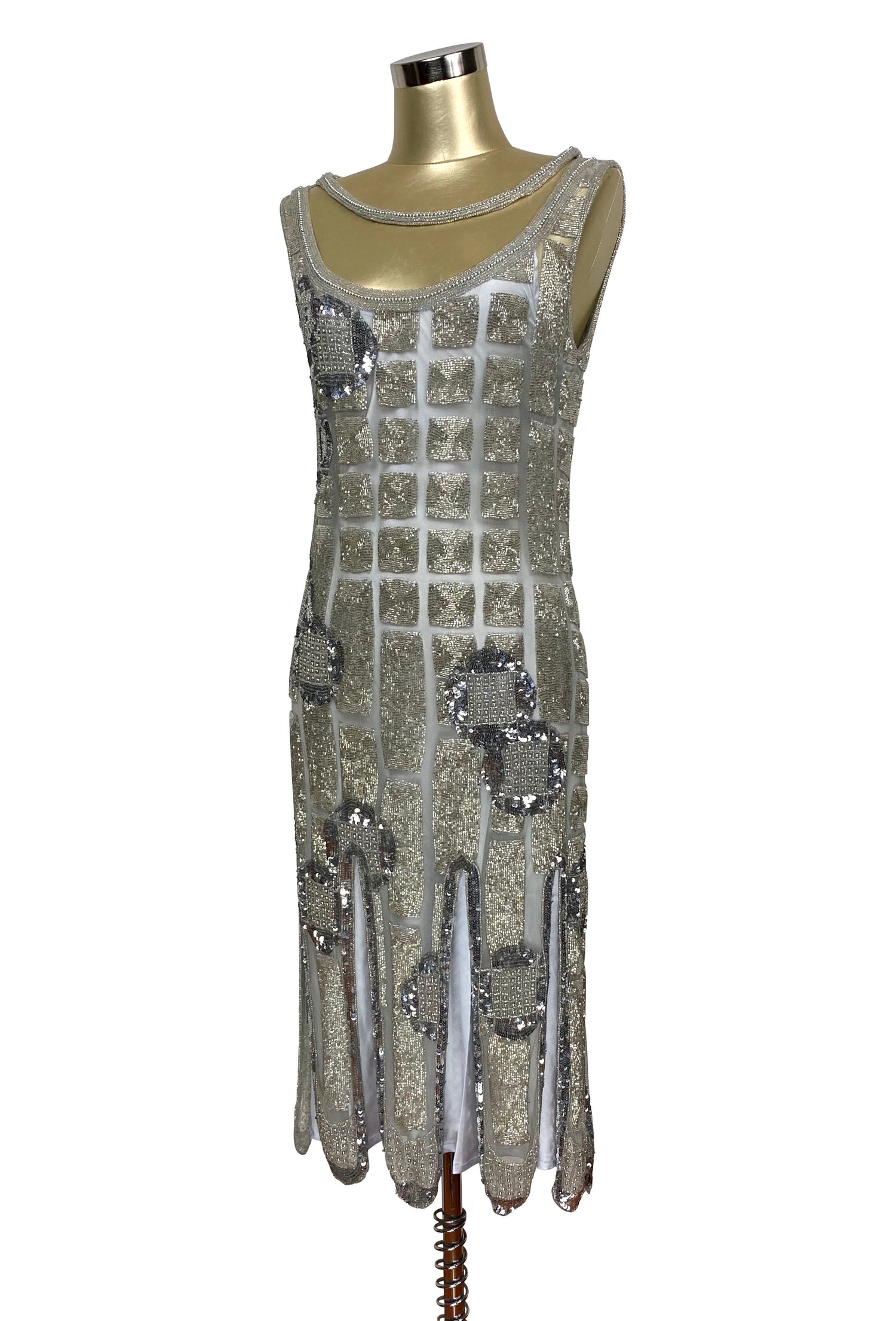 1920's Vintage Flapper Beaded Fringe Shoulder Drape Gatsby Gown - The Futurist - Silver XS/S 1920's Vintage Flapper Beaded Fringe Shoulder Drape Gatsby Gown - The Futurist - Silver XS/S