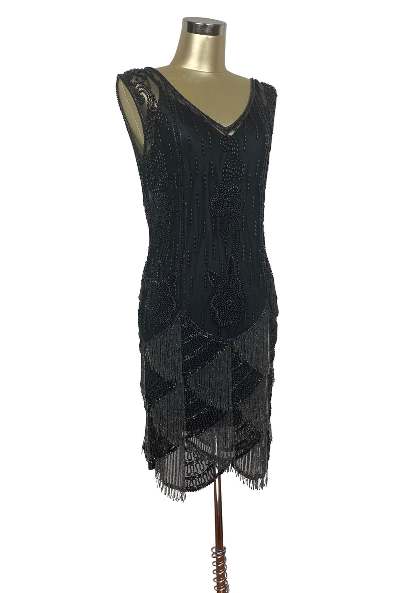 1920's Vintage Flapper Beaded Graduated Fringe Gown - The Broadway - Black