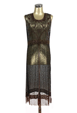 1920's Vintage Panel Fringe Party Dress - The Titanic - Copper on Black