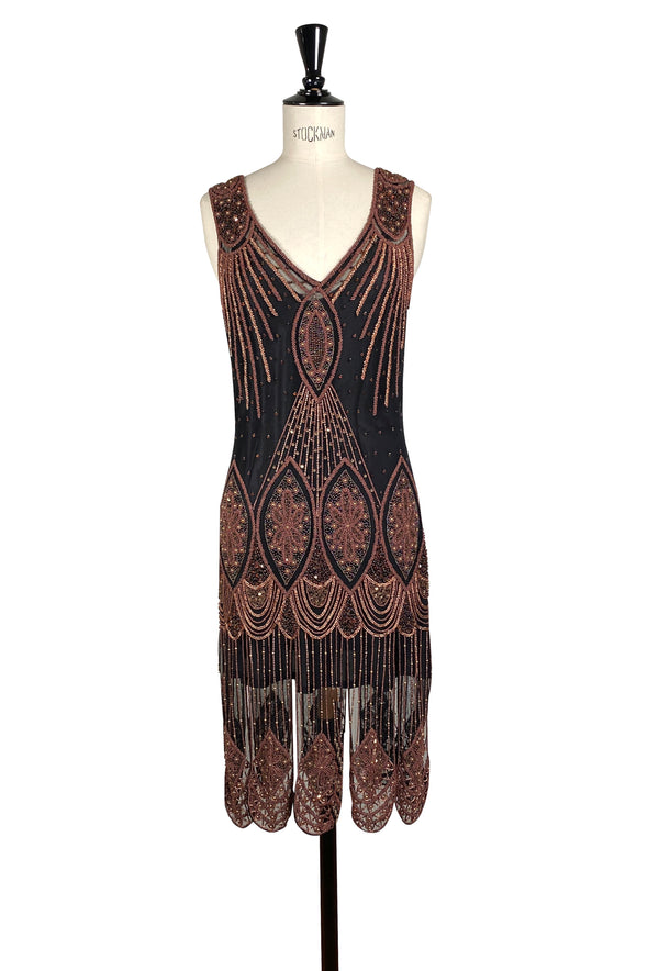 1920's Flapper Carwash Hem Beaded Party Dress - The Starlet - Copper on Jet - Dr. Who
