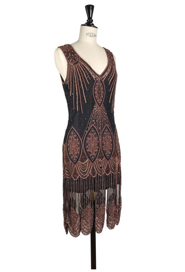 1920's Flapper Carwash Hem Beaded Party Dress - The Starlet - Copper on Jet - Dr. Who