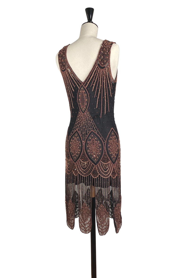 1920's Flapper Carwash Hem Beaded Party Dress - The Starlet - Copper on Jet - Dr. Who