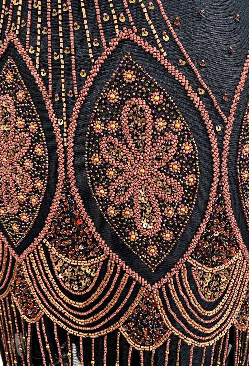 1920's Flapper Carwash Hem Beaded Party Dress - The Starlet - Copper on Jet - Dr. Who