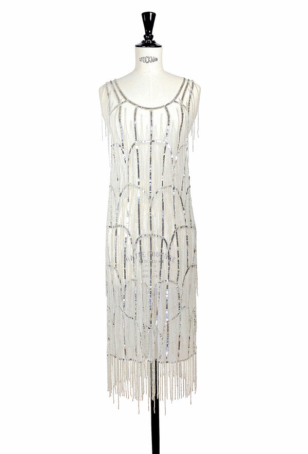 1920's Flapper Fringe Gatsby Cocktail Overlay Dress - The Flynn - Ethereal Silver
