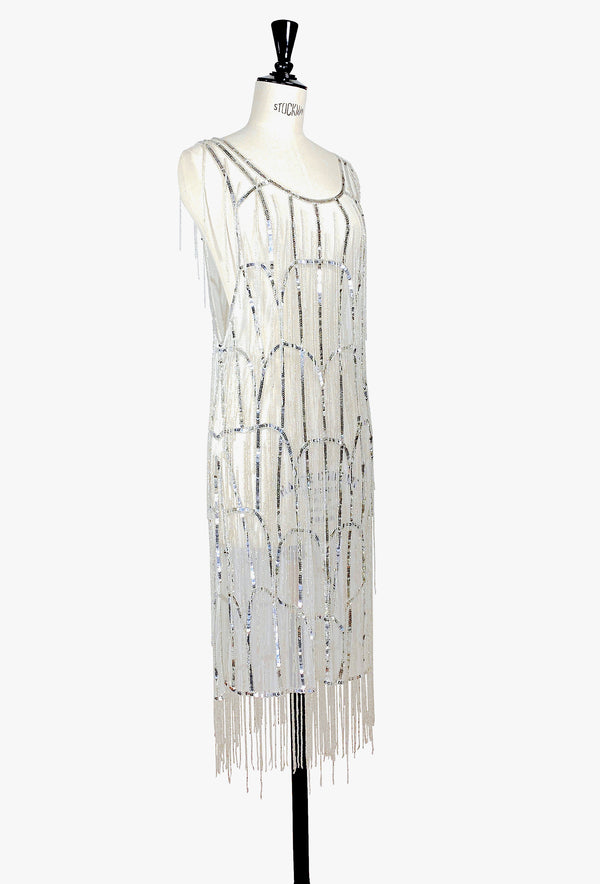 1920's Flapper Fringe Gatsby Cocktail Overlay Dress - The Flynn - Ethereal Silver