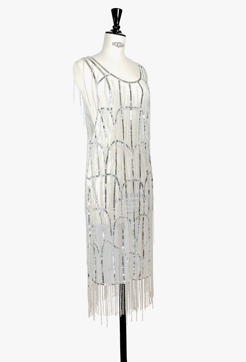 1920's Flapper Fringe Gatsby Cocktail Overlay Dress - The Flynn - Ethereal Silver