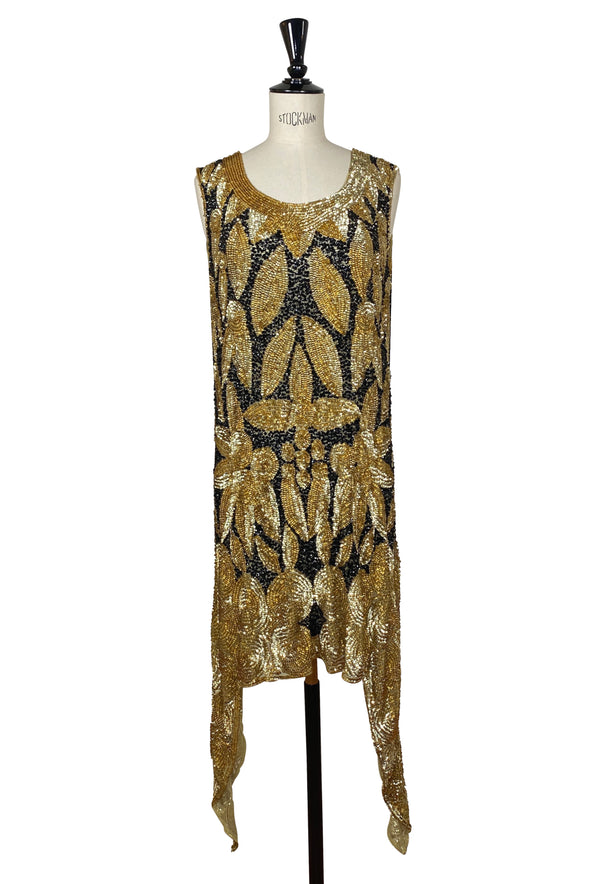 1920s Beaded Flapper Fringe Party Evening Dress- The Viceroy - Black Gold