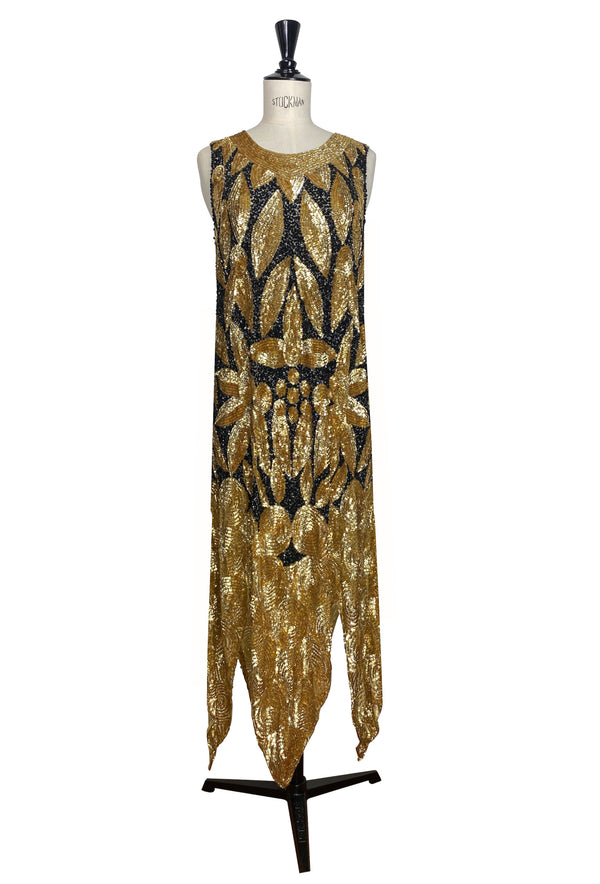 1920s Beaded Flapper Fringe Party Evening Dress- The Viceroy - Black Gold