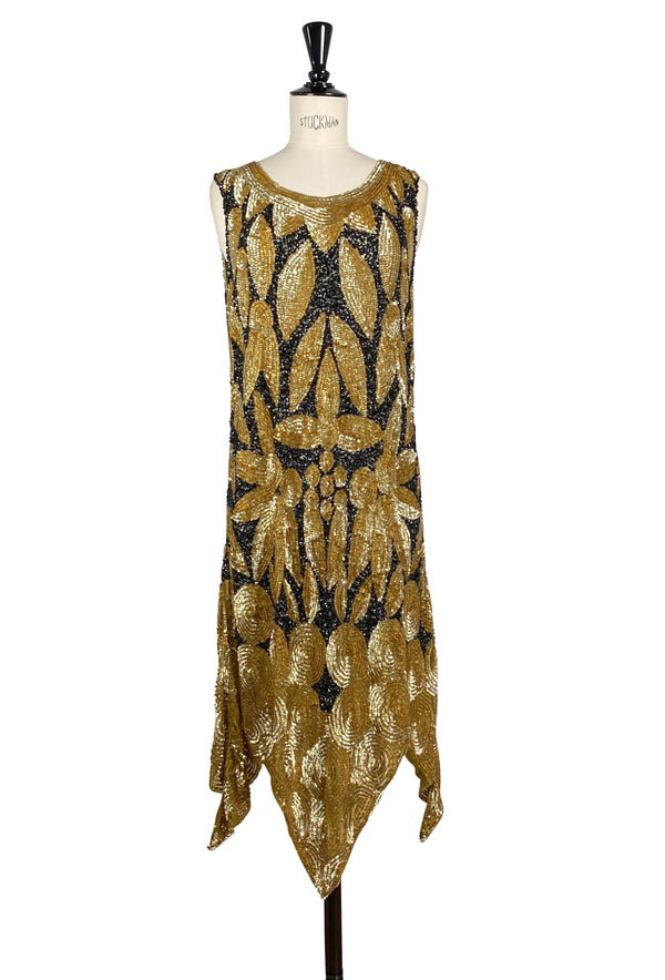 1920s Beaded Flapper Fringe Party Evening Dress- The Viceroy - Black Gold