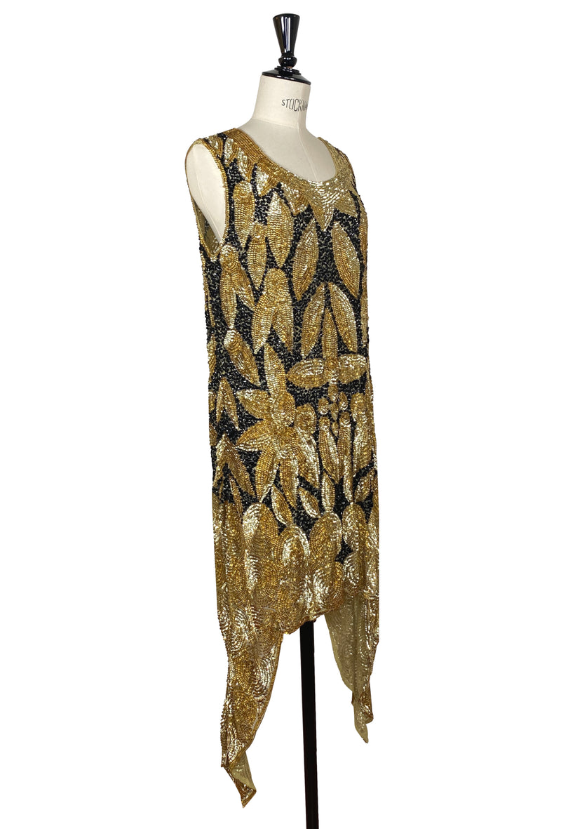 1920s Beaded Flapper Fringe Party Evening Dress- The Viceroy - Black Gold